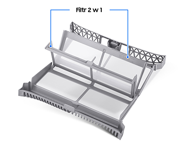 Filtr 2w1 zapewnia łatwe i skuteczne czyszczenie urządzenia, eliminując konieczność używania dwóch osobnych filtrów. Dzięki temu konserwacja jest wygodna i szybka, a Twoja suszarka Bespoke AI zawsze działa z pełną efektywnością.