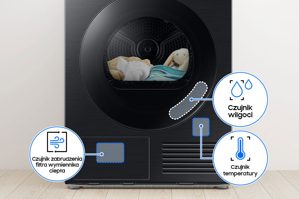 Suszarka Bespoke AI 9kg DV90DB8845GBU4 wyposażona jest w zaawansowane czujniki, takie jak czujnik wilgoci i temperatury, które precyzyjnie monitorują proces suszenia, zapewniając idealne rezultaty.