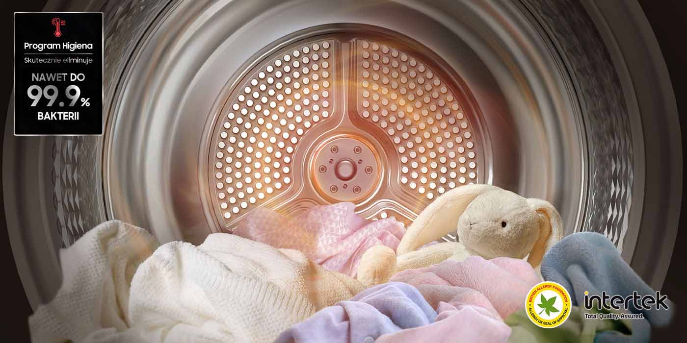 Bęben suszarki AI 9kg DV90DG6845LHU4 ilustruje program Higiena, który usuwa 99,9% bakterii, dbając o delikatne tkaniny.