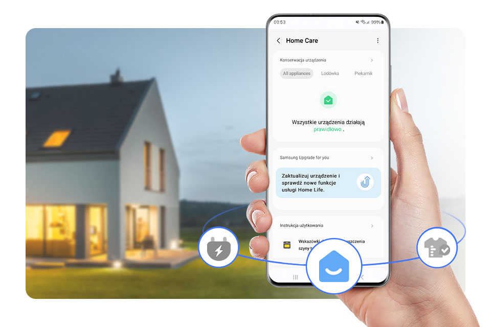 SmartThings Home Care pozwala na wygodne zarządzanie suszarką AI 9kg z poziomu aplikacji. Dzięki niej możesz monitorować stan urządzenia, sprawdzać aktualizacje oraz dbać o jego konserwację w prosty sposób – wszystko w jednym miejscu.