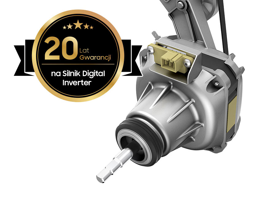 Silnik inwerterowy suszarki AI z etykietą 20-letniej gwarancji, pokazujący detale konstrukcji.