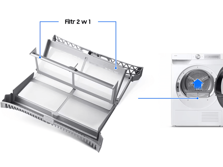 Filtr 2w1 w suszarce Samsung, ułatwiający konserwację i zapewniający efektywne suszenie.