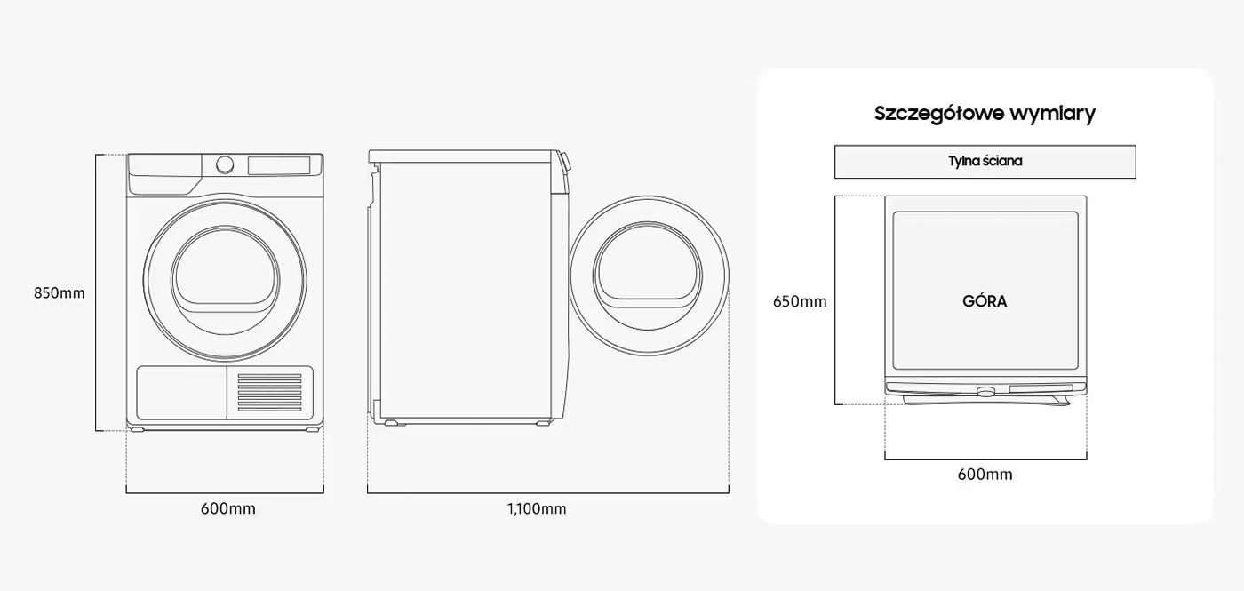 Szczegółowe wymiary urządzenia: wysokość 850 mm, szerokość 600 mm oraz głębokość 650 mm. Dzięki precyzyjnym wymiarom, suszarka DV90DG6845LHU4 doskonale wpasuje się w każdą przestrzeń, zapewniając wygodę użytkowania.