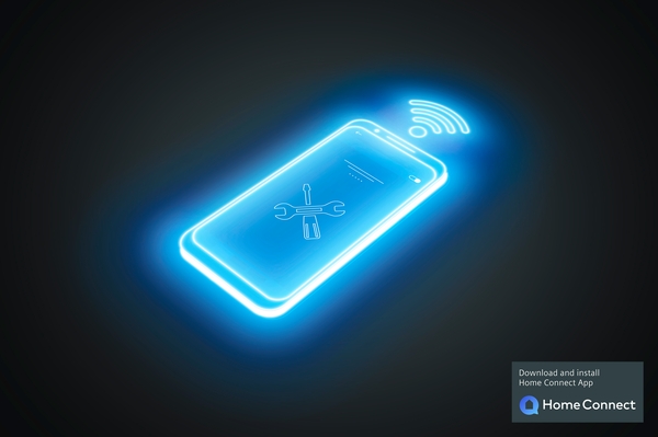 Grafika telefonu ze świecącym symbolem narzędzi i ikoną Wi-Fi, symbolizującą aplikację Home Connect.