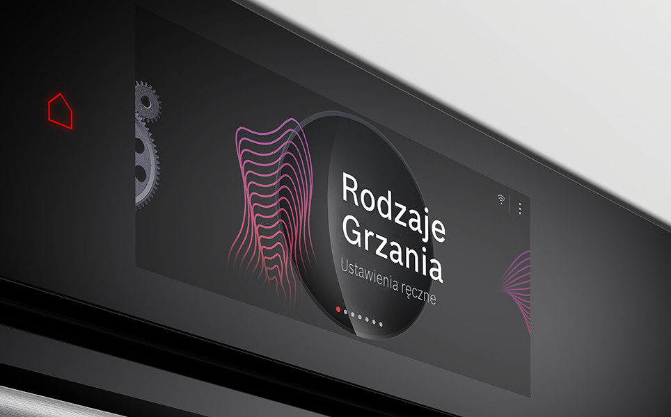 Nowoczesny panel sterujący z czytelnym wyświetlaczem dotykowym. Na wyświetlaczu wyświetla się informacja o rodzajach grzania.
