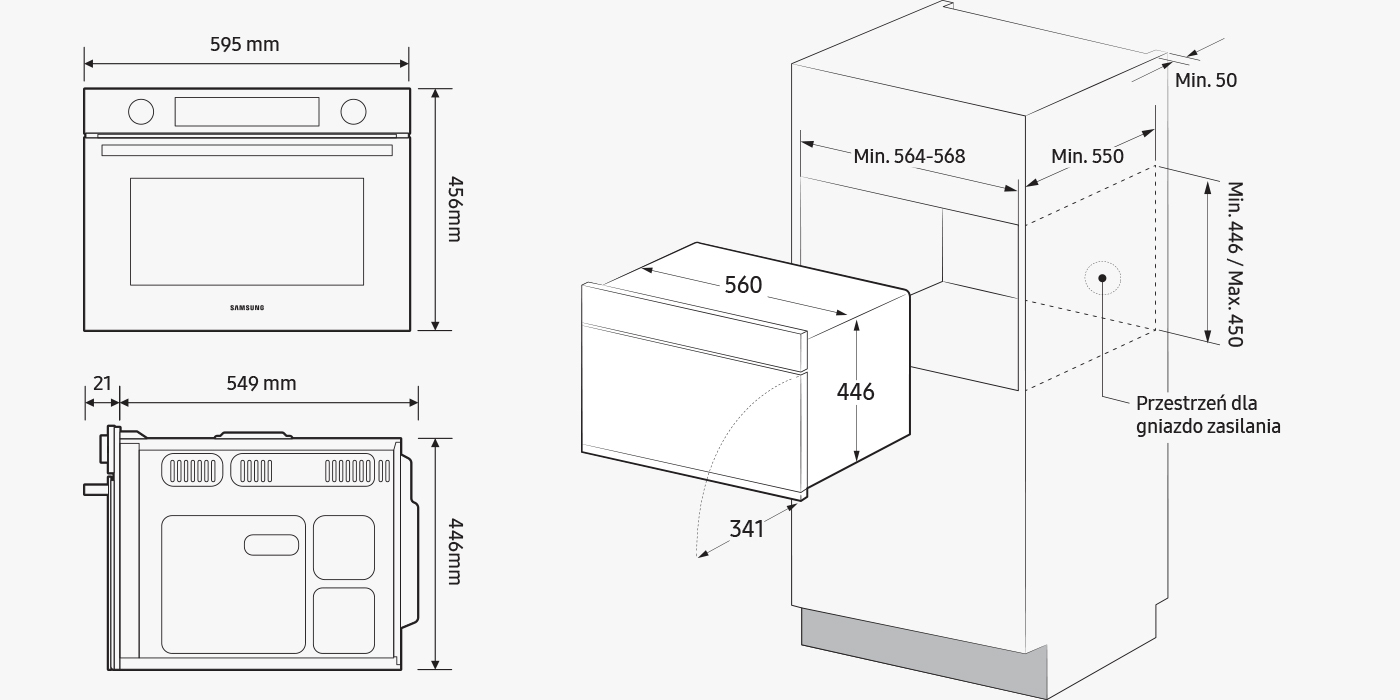 Samsung NQ5B4553FBK na zwymiarowanym rysunku technicznym