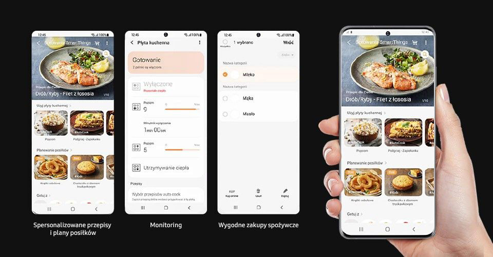 Grafika z przykładami działania aplikacji SmartThings Cooking