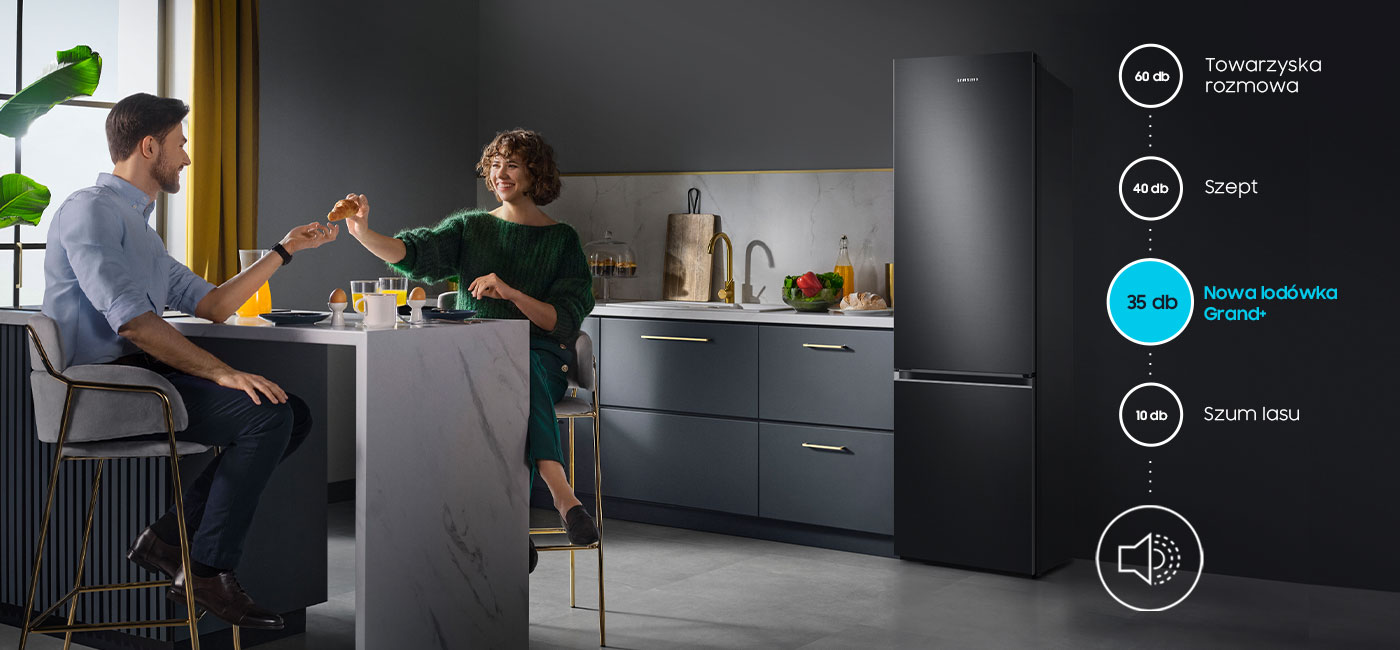Na infografice przedstawiono informację, że lodówka Samsung RB38C603DB1 działa ciszej od szeptu czy rozmowy