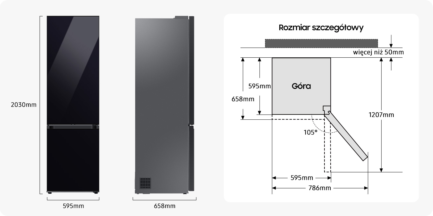 Lodówka Samsung RB38C7B5C22 pokazana z frontu i z boku wraz z wymiarami